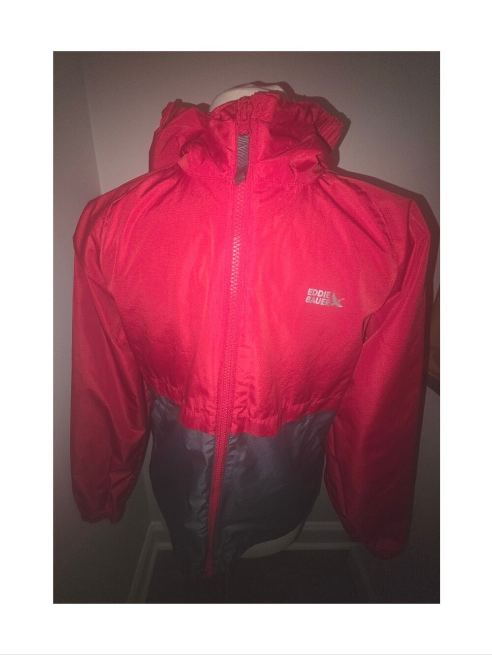 Eddie Bauer Kids Hooded Jacket Red Gray Dual Zip Water‑Resistant L 14/16